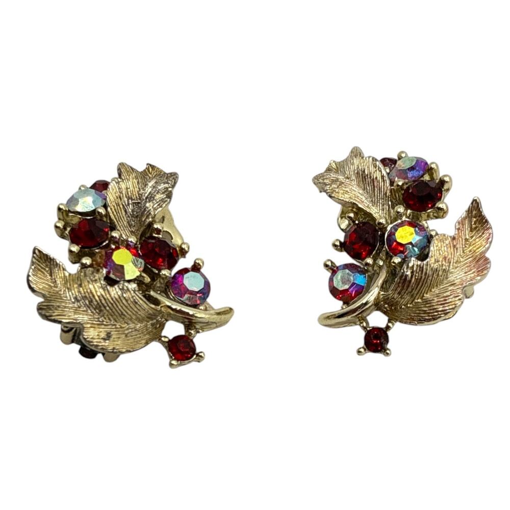 Vintage Lisner Signed Gold Tone Red Aurora Borealis Rhinestone Clip-On Earrings
